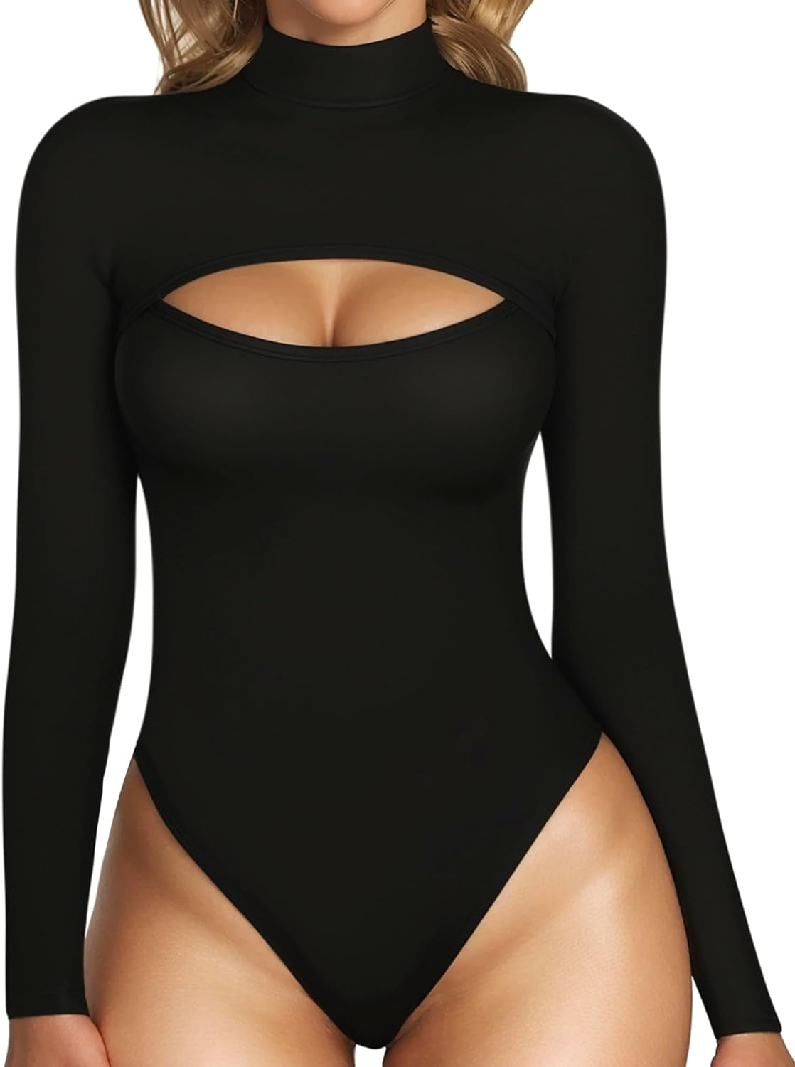 Mock Neck Cutout Front T-Shirt Long Sleeve Bodysuit for Women